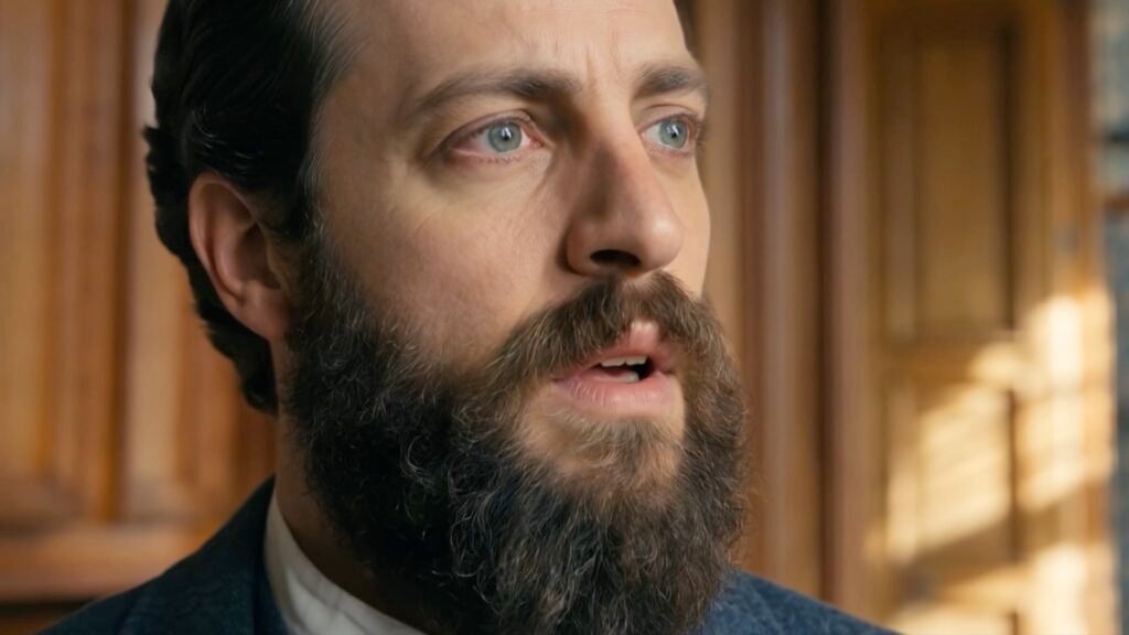 Primer plano del actor que interpreta a Antoni Gaudí joven, con barba, en un interior de madera.